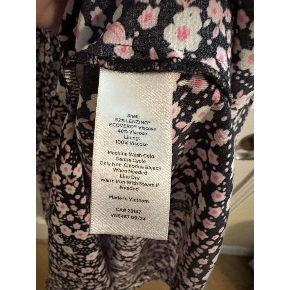 Talbots Smocked Sleeve Midi Dress Floral Paisley Black Pink Size 12P - Picture 7 of 12